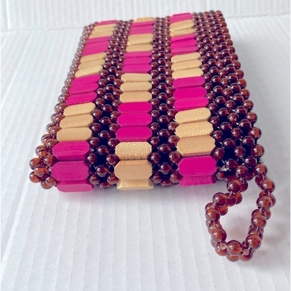 HANDMADE Wood & Bead African Inspired Wallet Brown Pink & Tan\Natural Unique - Picture 14 of 16